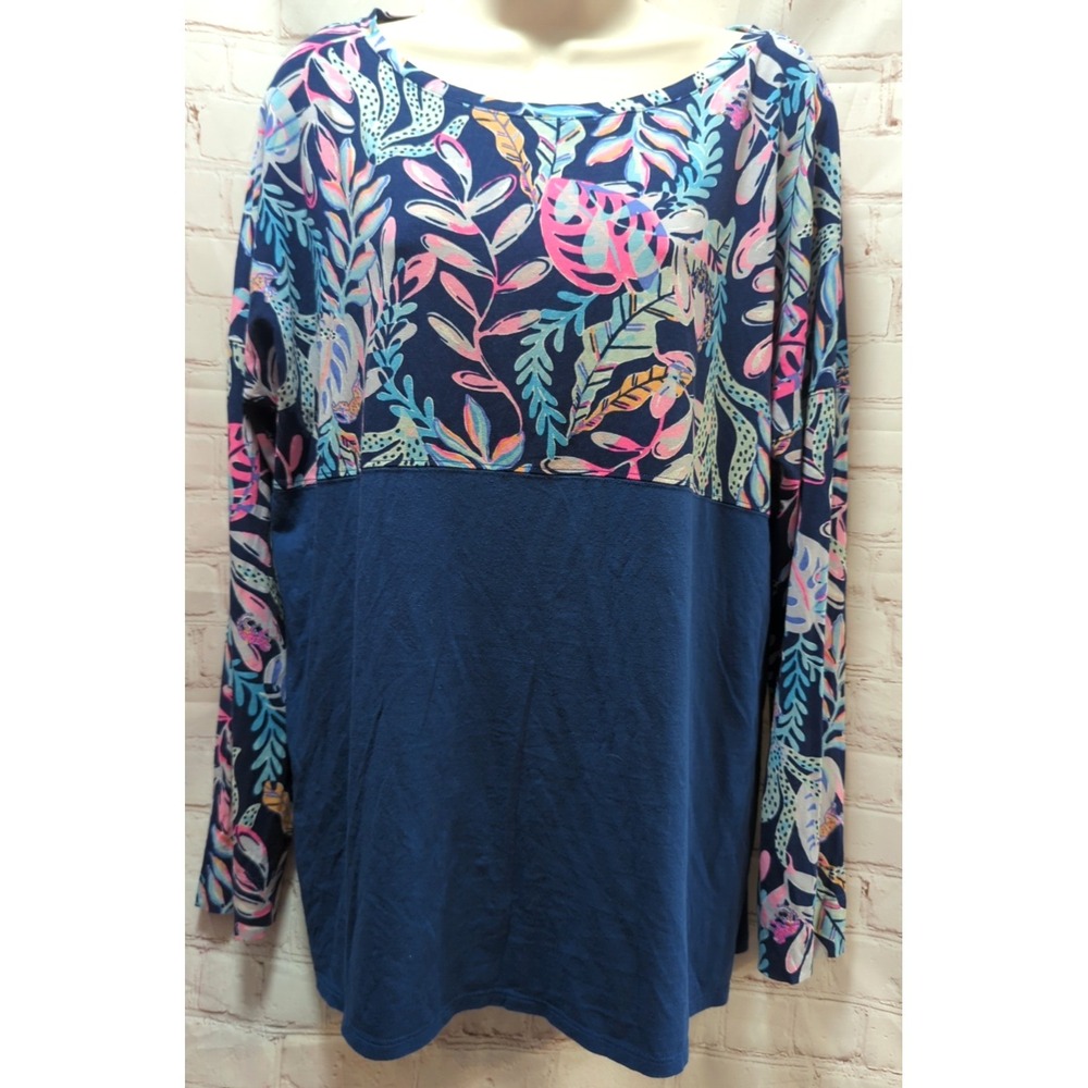Lilly Pulitzer Finn Top Large Oyster Bay L FLAWED SLEEVE HEM READ blue tropical‎